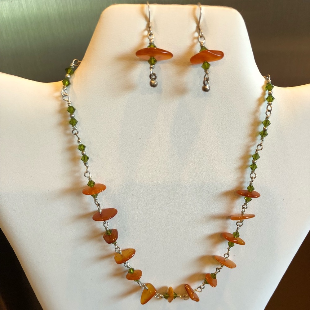 Organic Amber & Peridot Sterling Silver 16” Necklace or Chocker & earrings set